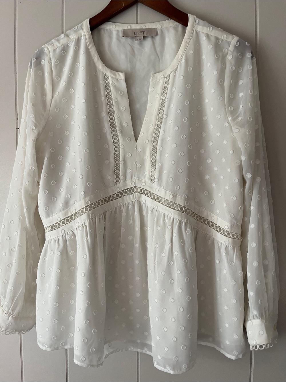 LOFT White Swiss Dot Peplum Top with Ladder Lace